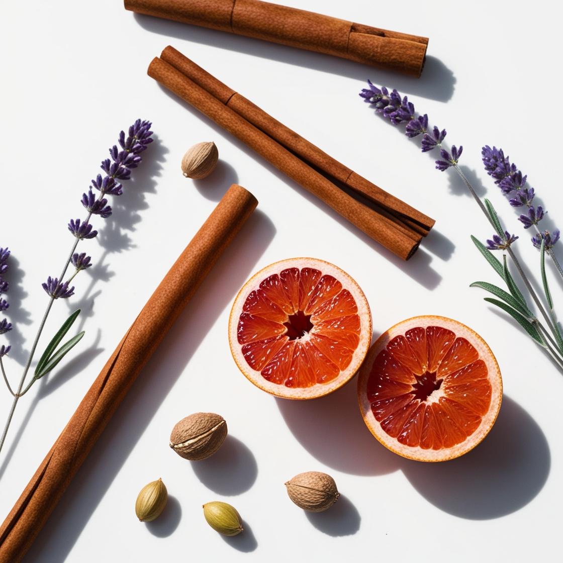 Canela, lavanda, nuez y pomelo representando las notas olfativas del perfume.