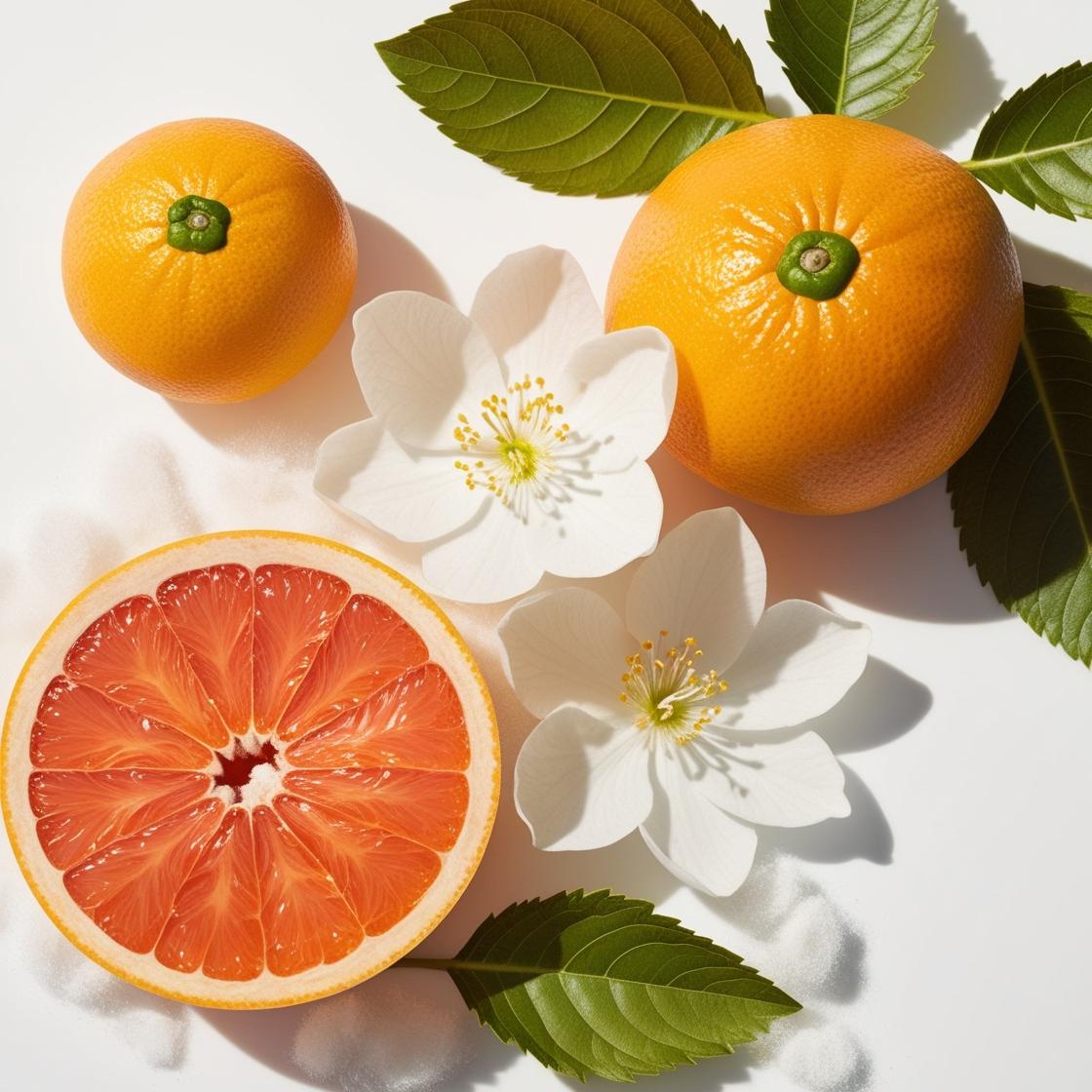 Pomelo y almizcle blanco representando las notas olfativas del perfume.