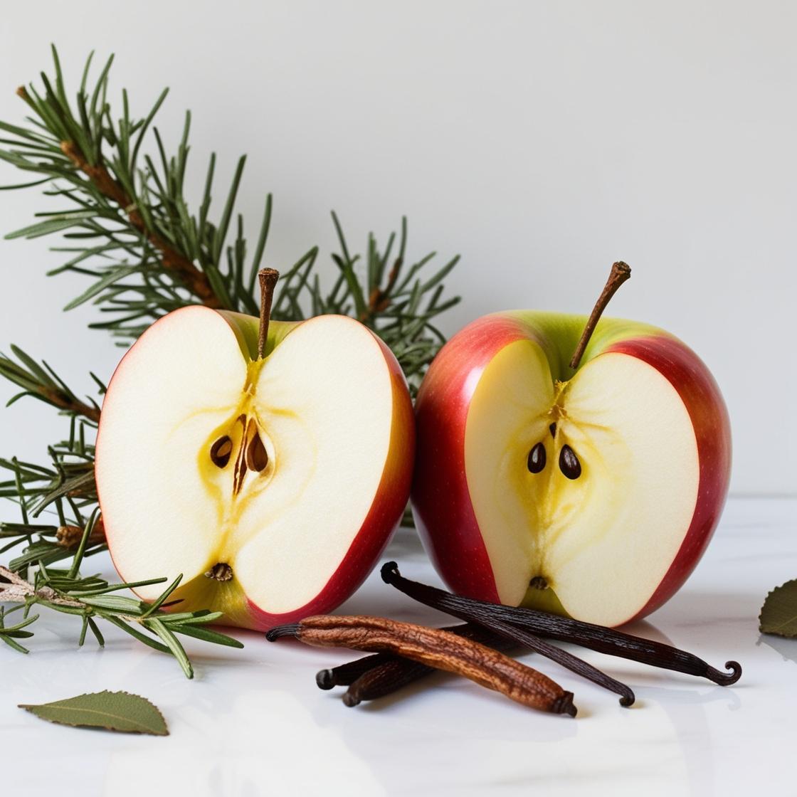 Manzana, vainilla y cedro representando las notas olfativas del perfume.