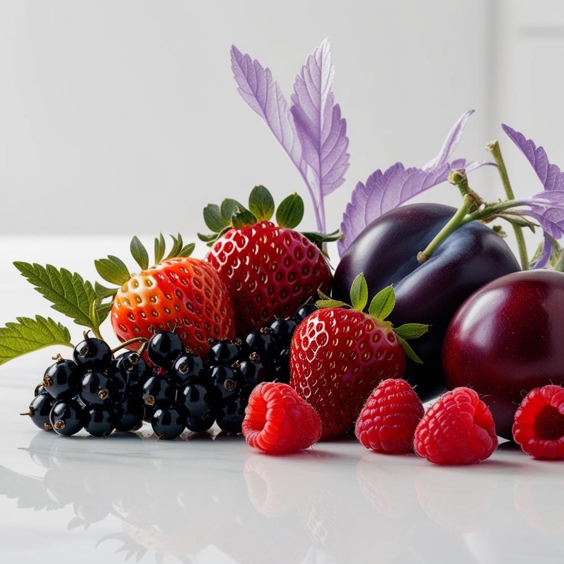 Fresas, frambuesa, ciruela, grosellas negras y hojas de violeta representando las notas olfativas del perfume.