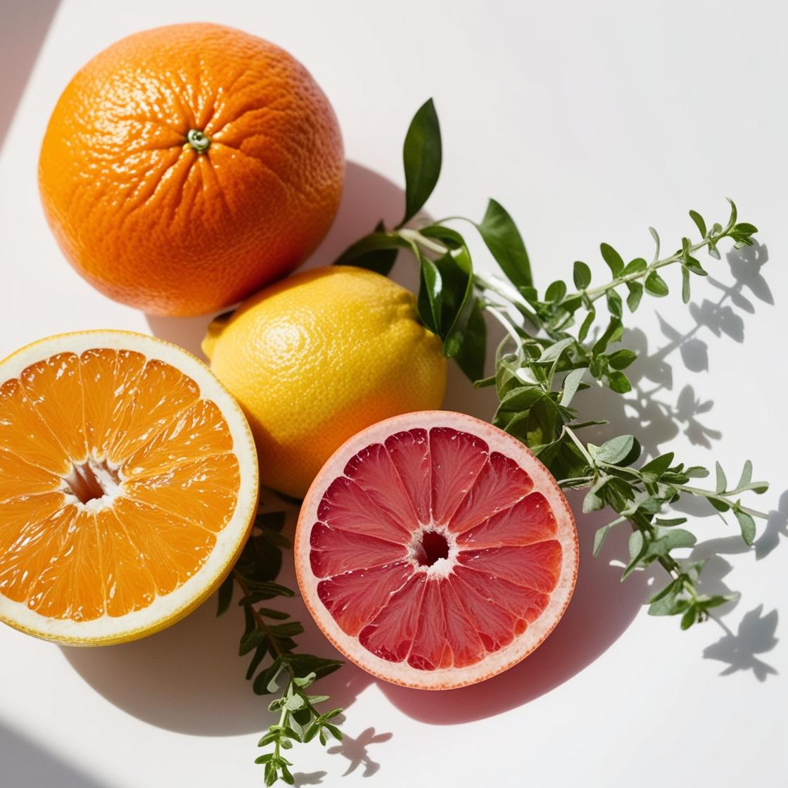 Pomelo, naranja y limón representando las notas olfativas del perfume.