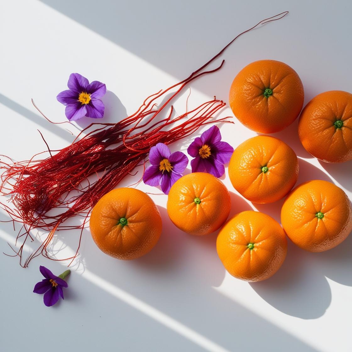 Mandarina, azafrán y violeta representando las notas olfativas del perfume.