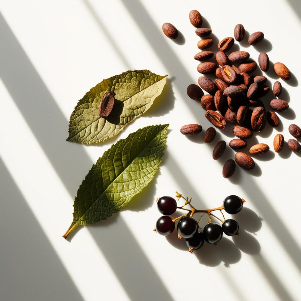 Cacao, grosellas negras y pachulí representando las notas olfativas del perfume.