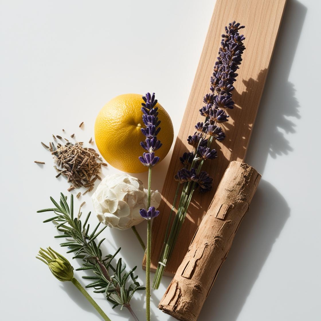 Cítricos, lavanda y cedro representando las notas olfativas del perfume.