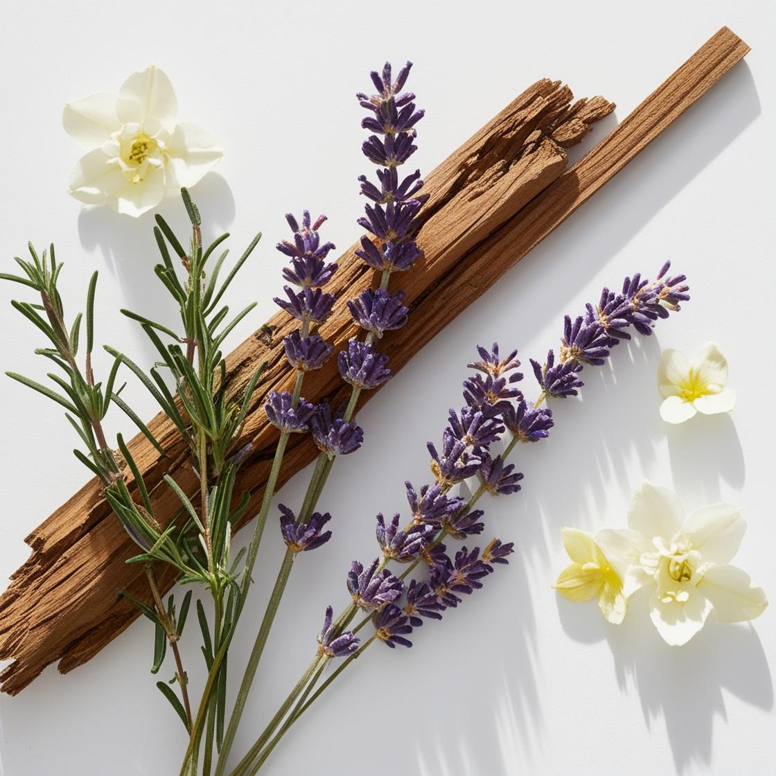 Lavanda, jazmín y cedro representando las notas olfativas del perfume.