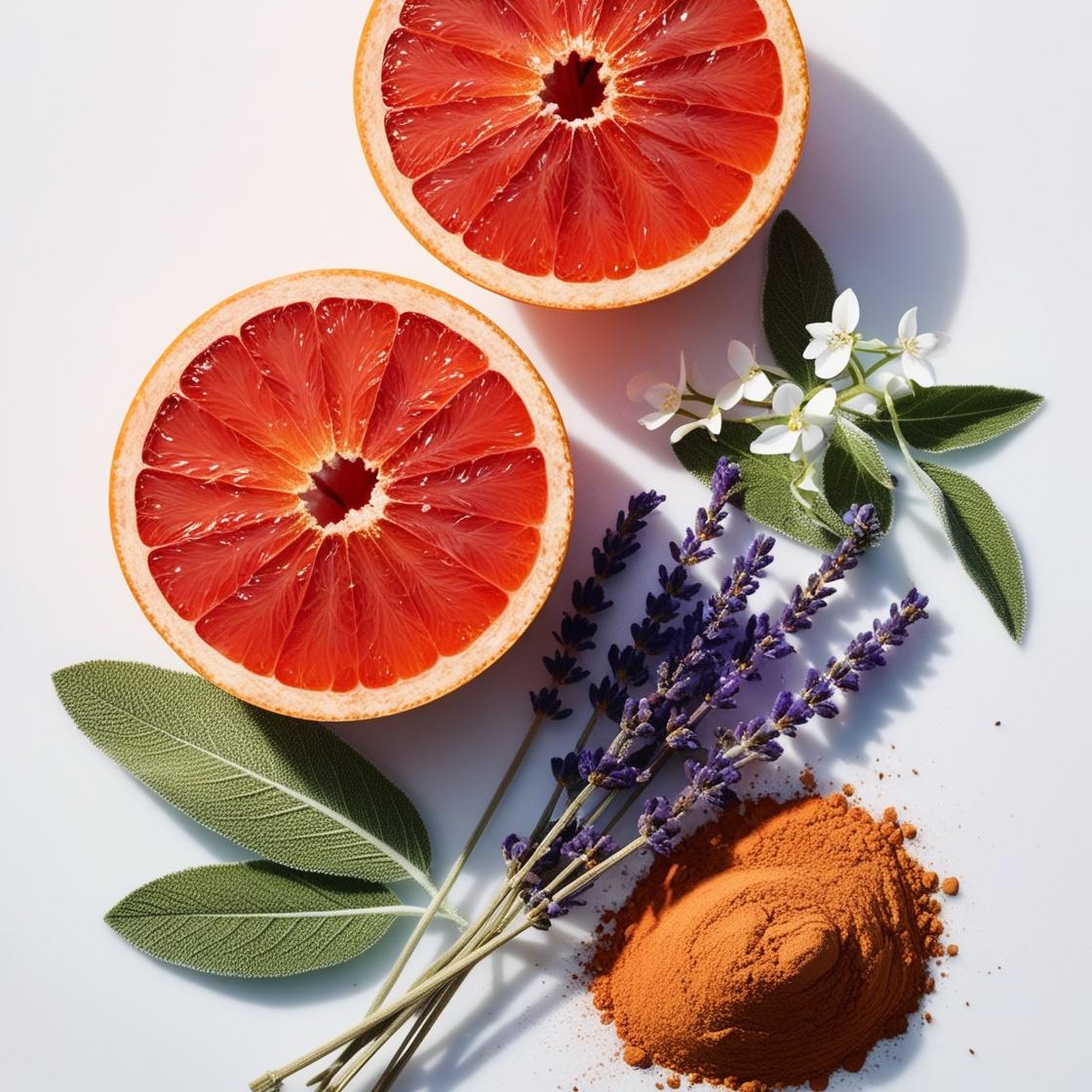 Pomelo, lavanda y cacao representando las notas olfativas del perfume.