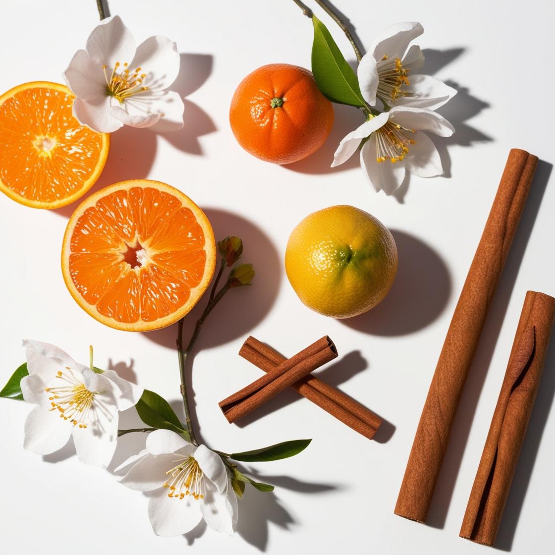 Flor del naranjo, canela, bergamota y vainilla representando las notas olfativas del perfume.