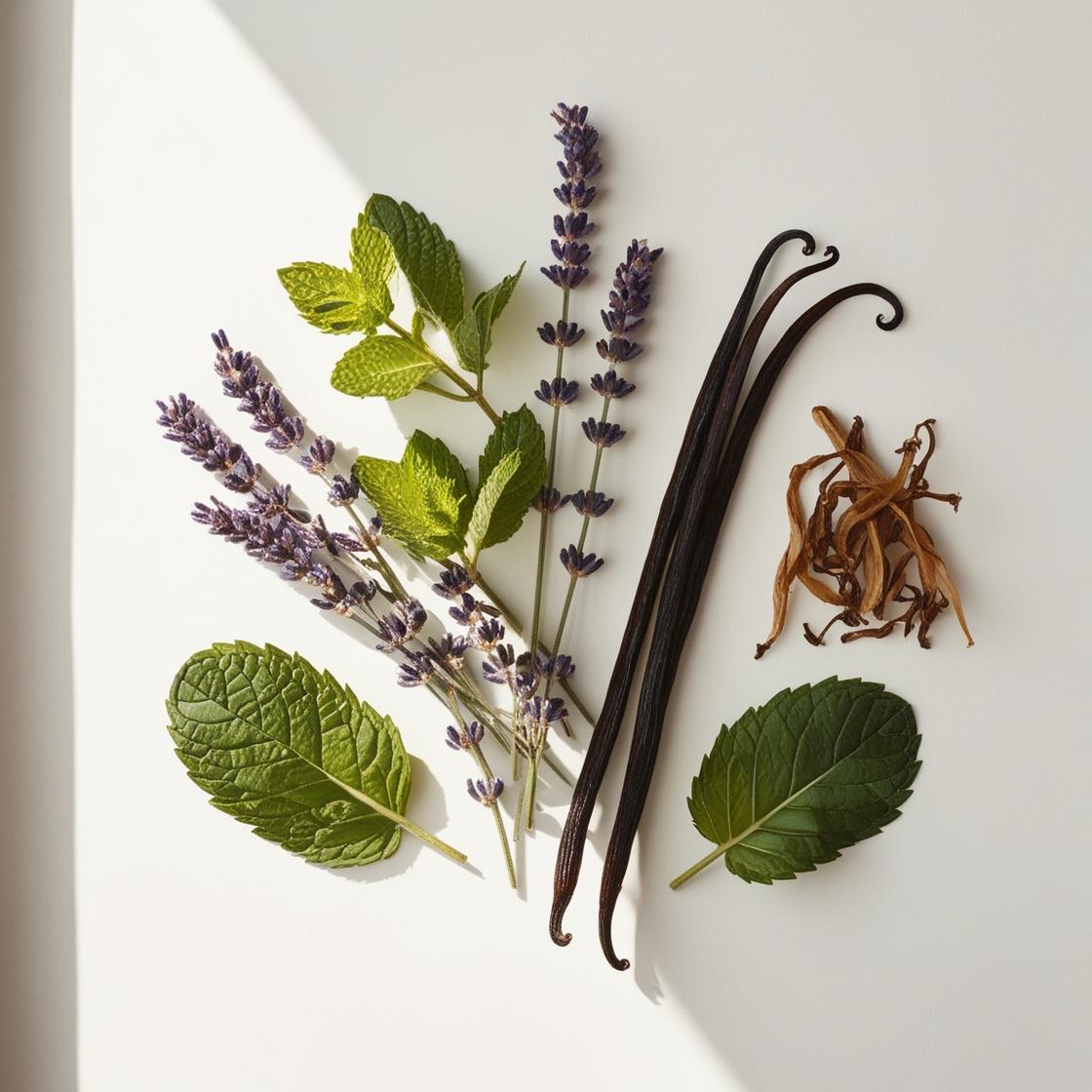 Lavanda, menta, tabaco y vainilla representando las notas olfativas del perfume.