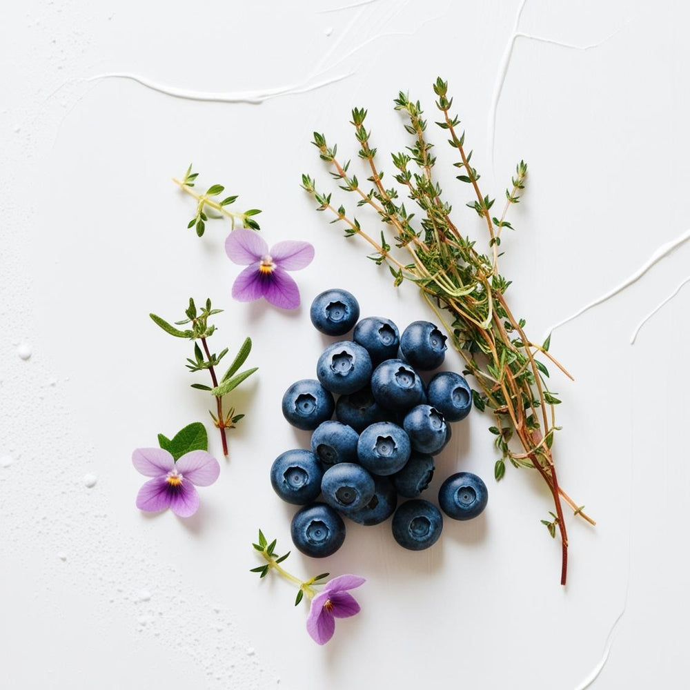 Violeta, moras azules y tomillo representando las notas olfativas del perfume.