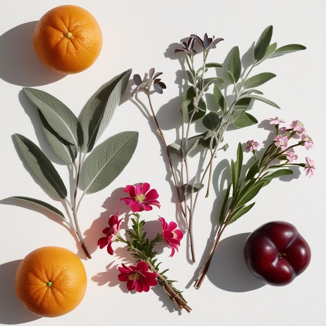 Mandarina, ciruela y geranio representando las notas olfativas del perfume.