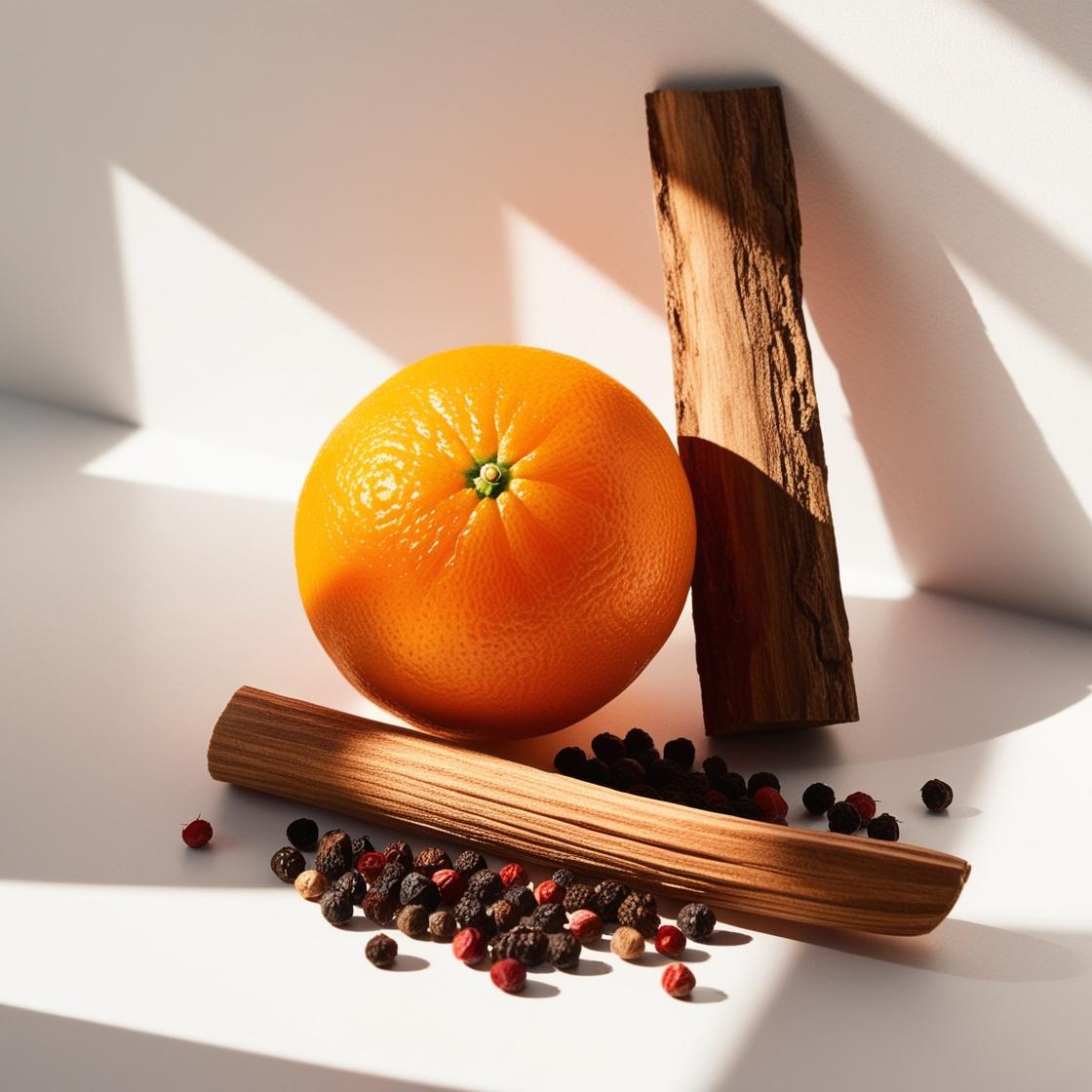 Madera y mandarina representando las notas olfativas del perfume.