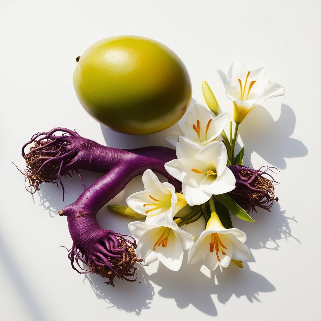 Mango, fresia y raíz de violeta representando las notas olfativas del perfume.