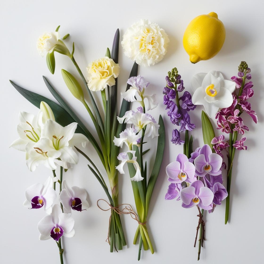 Limón, orquídea y lirio representando las notas olfativas del perfume.