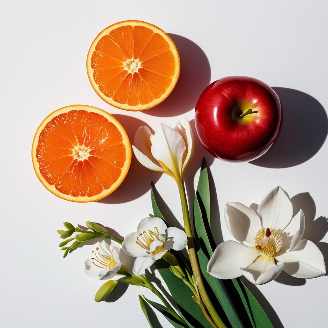 Mandarina, flor de iris y manzana roja representando las notas olfativas del perfume.