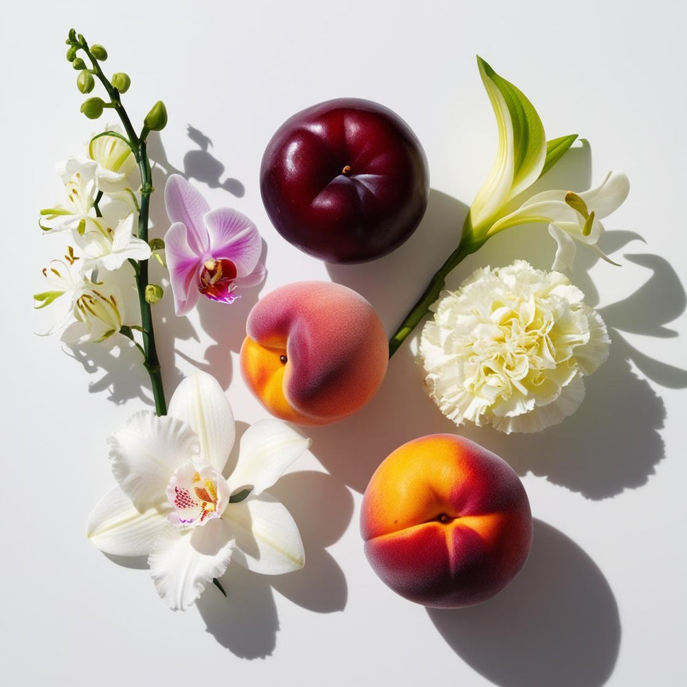 Meocotón, clavel y orquídea representando las notas olfativas del perfume.