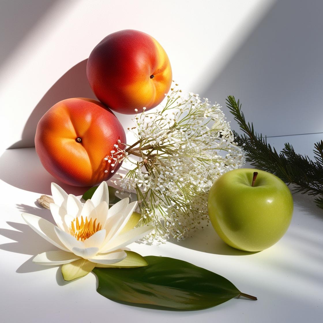 Nectarina, manzana verde y jacinto de agua representando las notas olfativas del perfume.