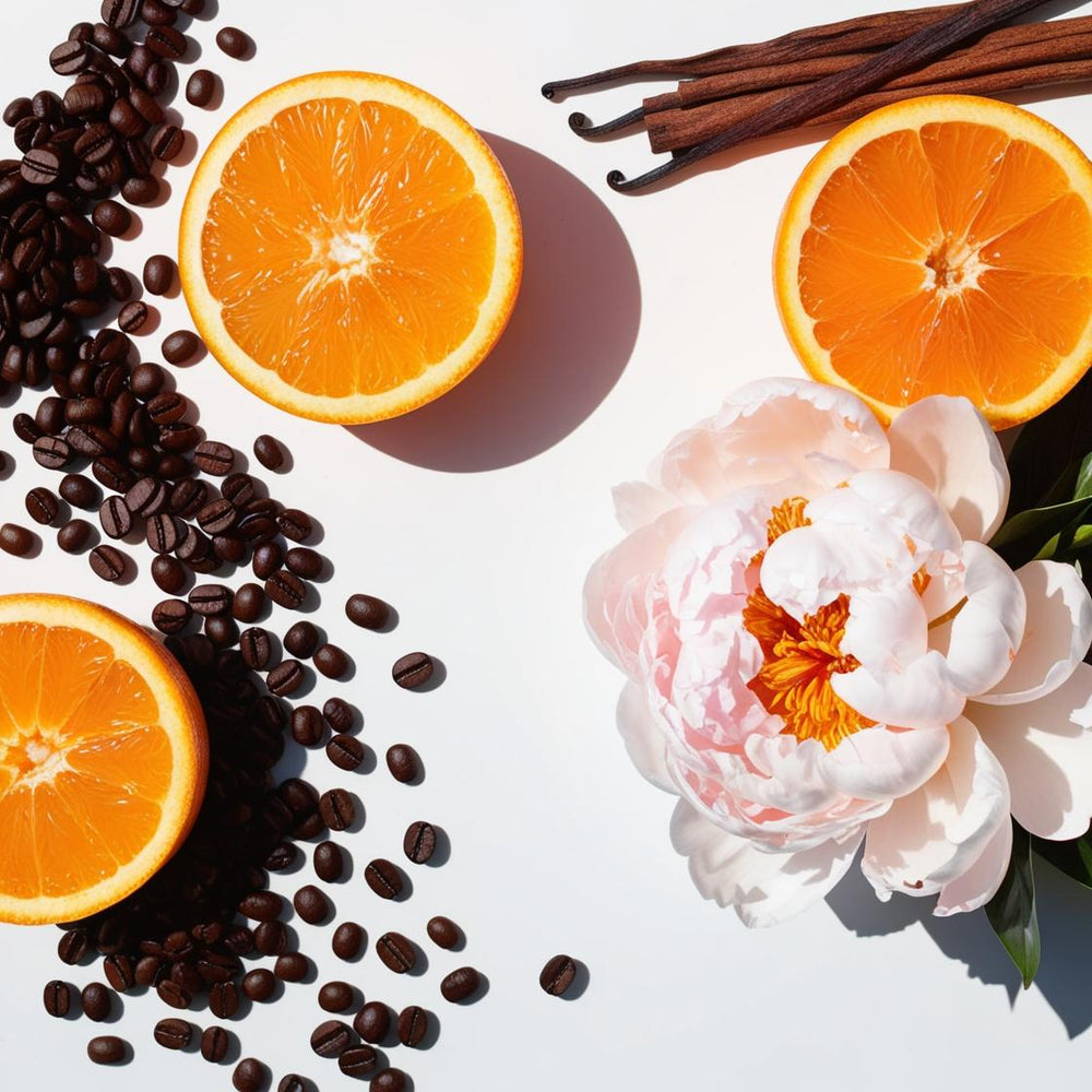 Mandarina, peonía y granos de café representando las notas olfativas del perfume.