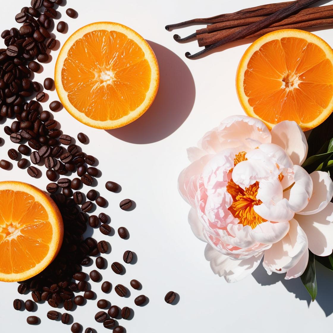 Mandarina, peonía y granos de café representando las notas olfativas del perfume.