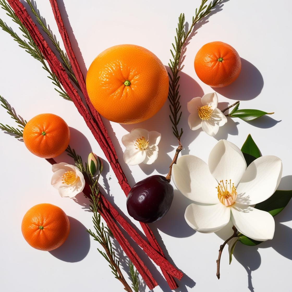 Mandarina, ciruela y cedro rojo representando las notas olfativas del perfume.