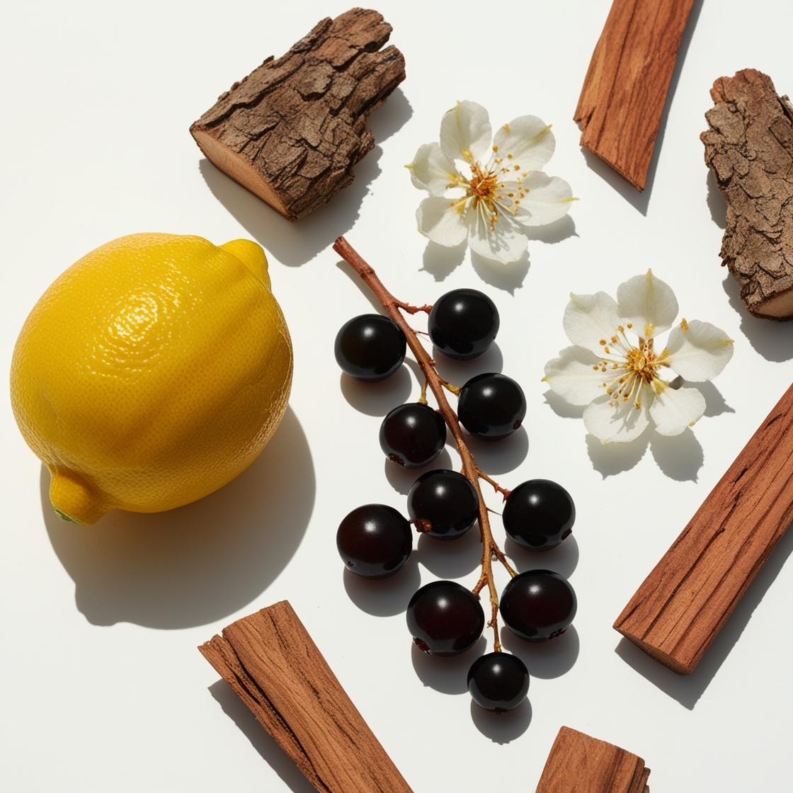 Limón, madera y grosellas negras representando las notas olfativas del perfume.