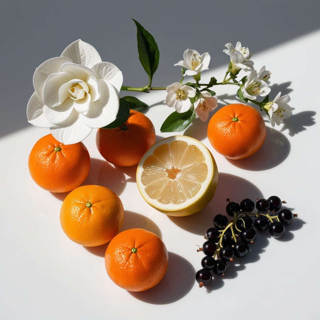 Mandarina, limón, flor de loto y grosellas negras representando las notas olfativas del perfume.