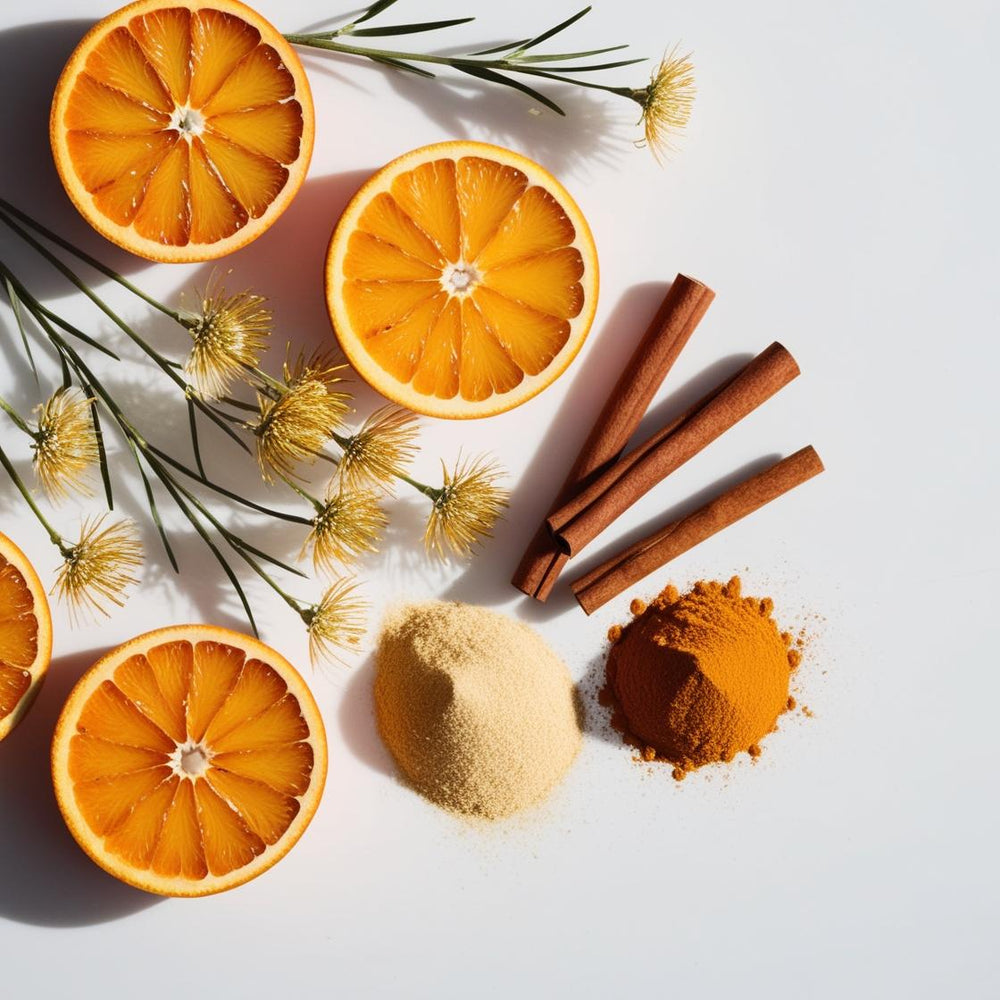 Naranja, canela y almizcle representando las notas olfativas del perfume.