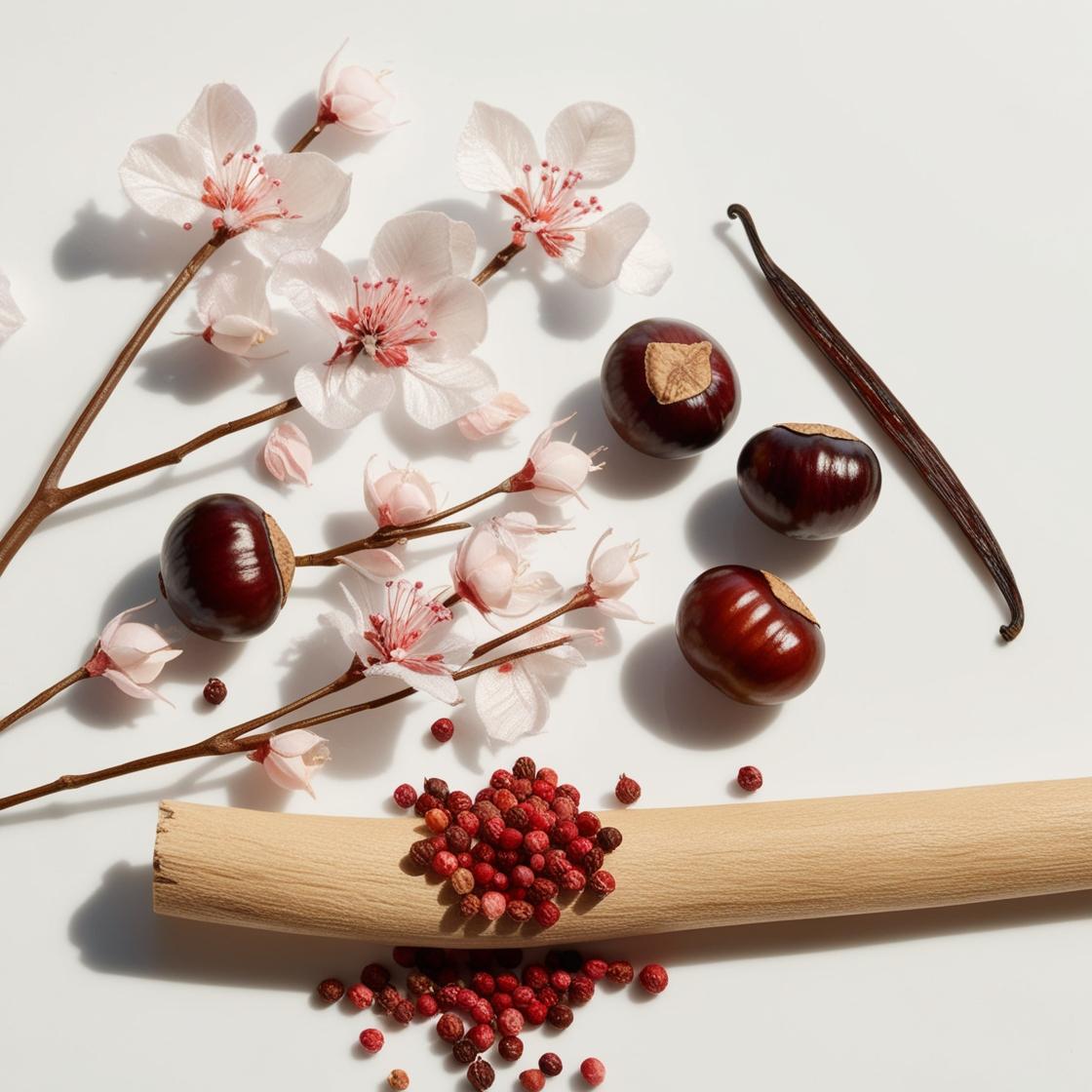 Castañas, pimienta rosa, vainilla, madera y jazmín representando las notas olfativas del perfume.