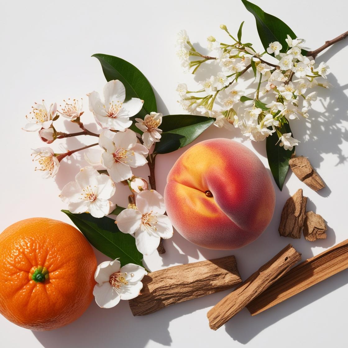 Mandarina, melocotón, jazmín y madera representando las notas olfativas del perfume.