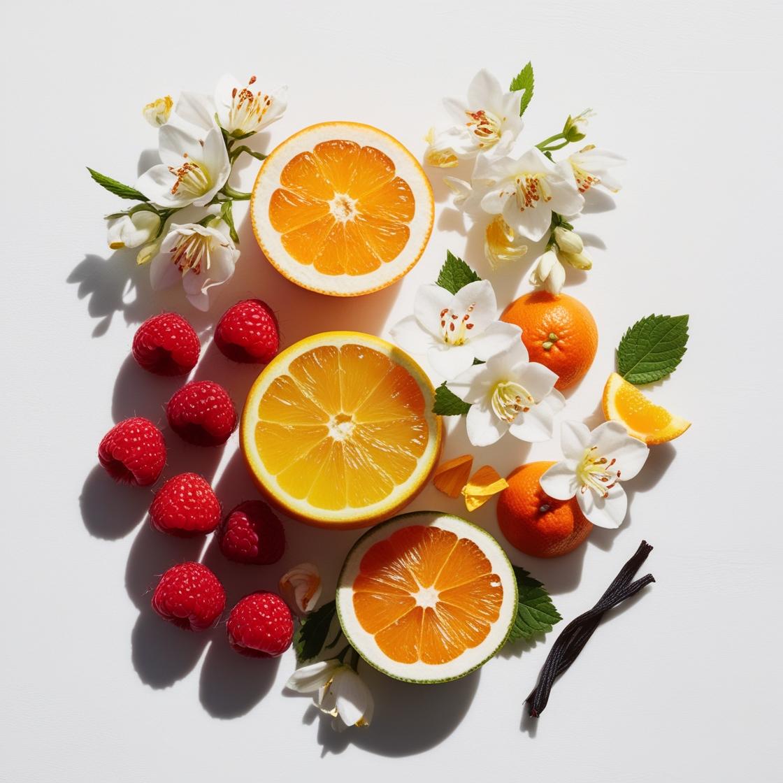 Frambuesa, mandarina y flor de azahar representando las notas olfativas del perfume.