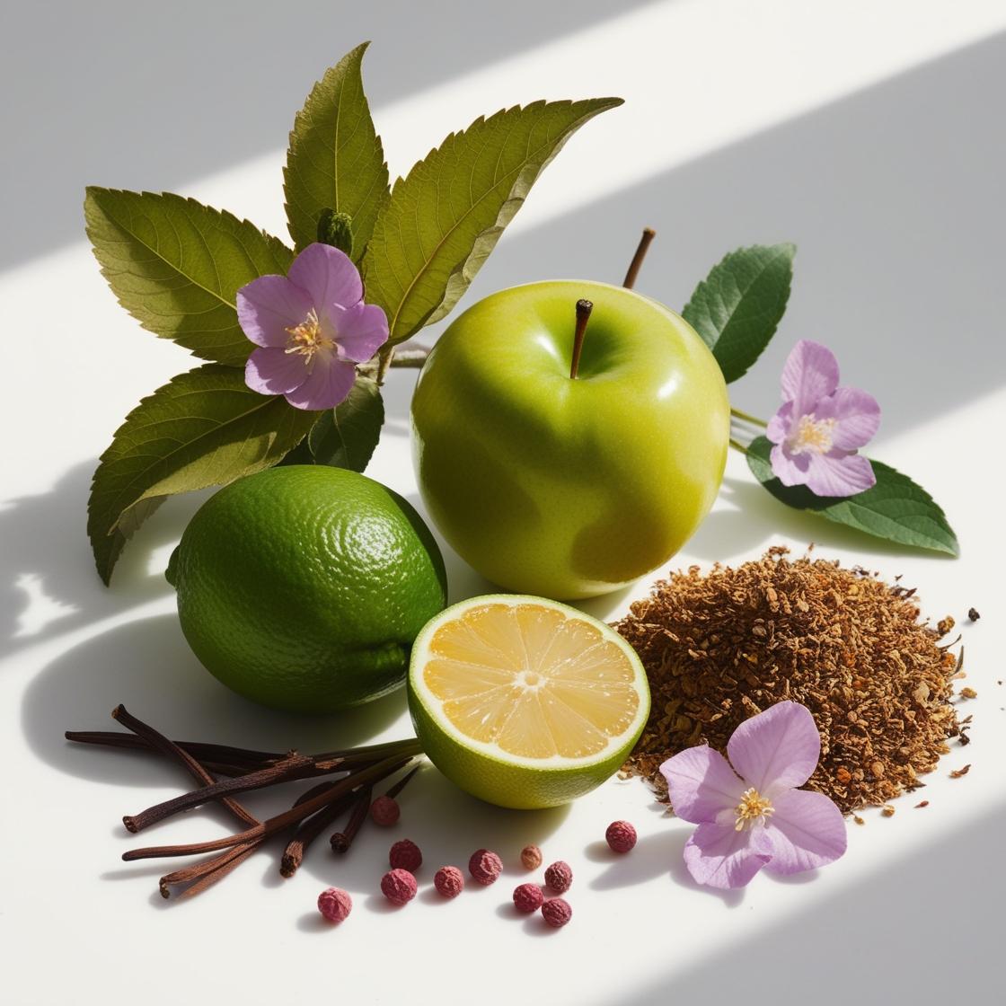 Manzana verde, limón, violeta y pimienta rosa representando las notas olfativas del perfume.