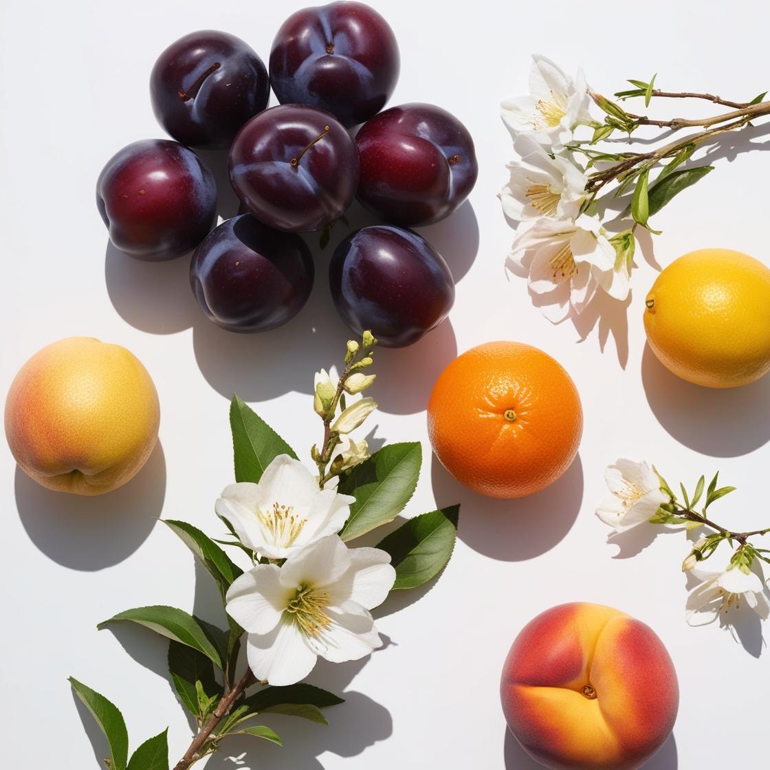 Ciruela, limón, naranja y jazmín representando las notas olfativas del perfume.