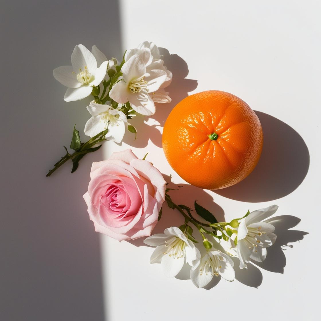 Mandarina, rosa y jazmín representando las notas olfativas del perfume.