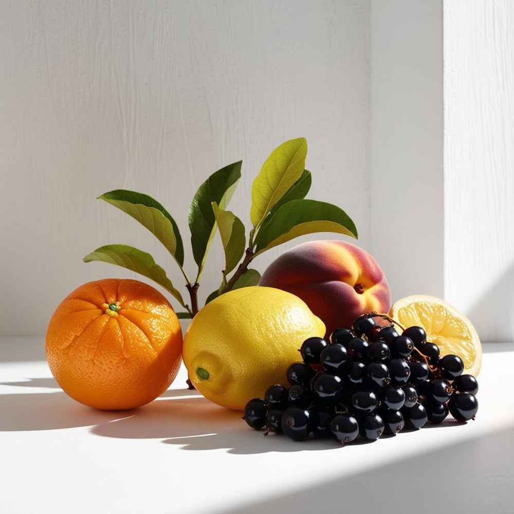 Mandarina, limón, melocotón y grosellas negras representando las notas olfativas del perfume.