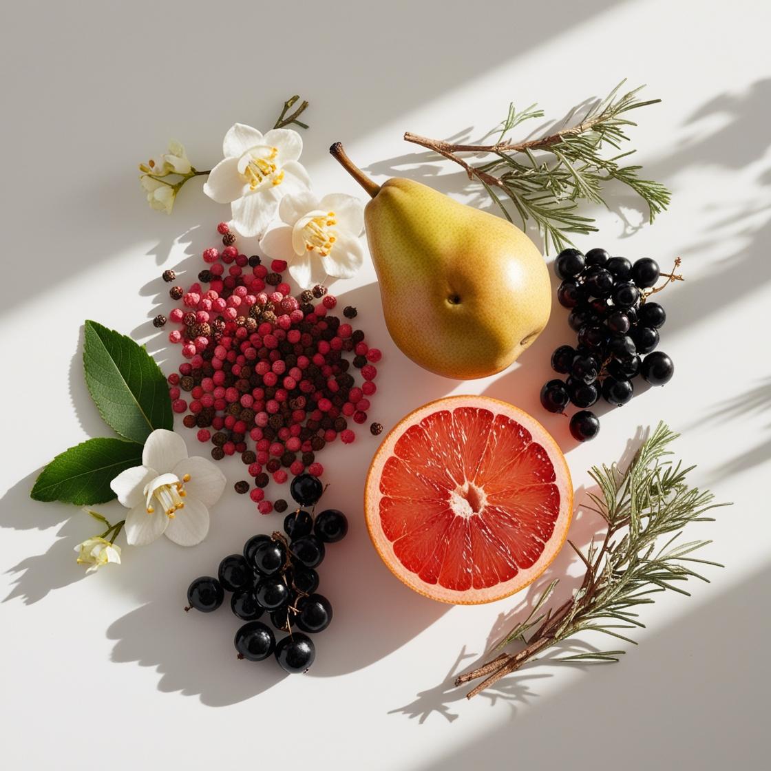 Pimienta rosa, pomelo, jazmín, pera y grosellas negras representando las notas olfativas del perfume.