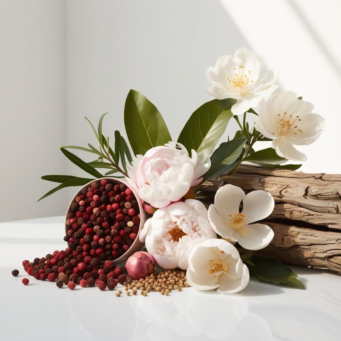 Jazmín, cedro y pimienta rosa representando las notas olfativas del perfume.