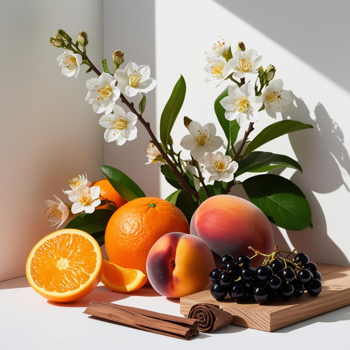 Mandarina, jazmín, melocotón y cedro representando las notas olfativas del perfume.