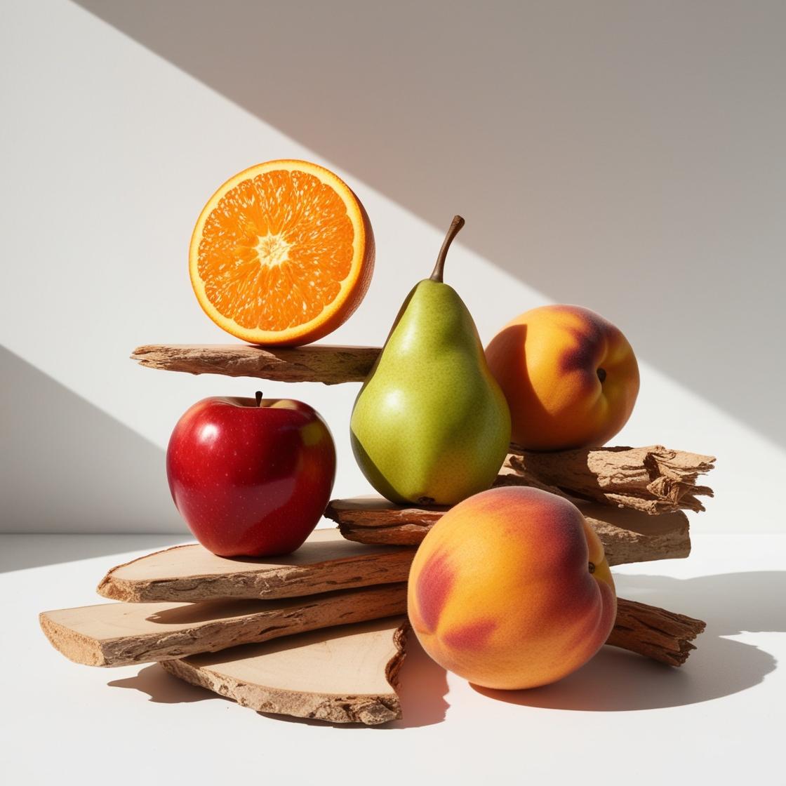 Cedro, pera, manzana roja y naranja representando las notas olfativas del perfume.