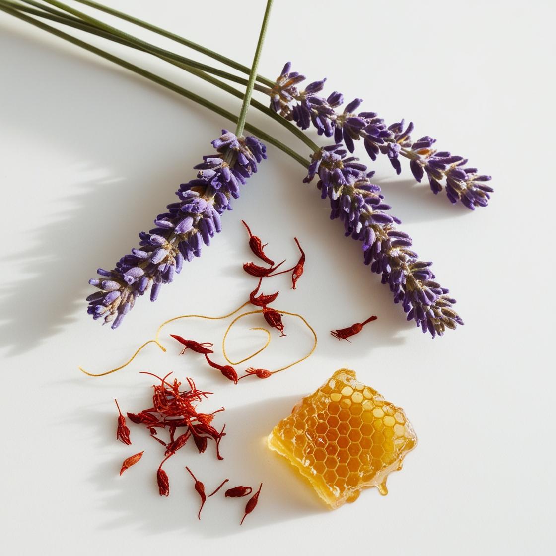 Lavanda, miel y azafrán representando las notas olfativas del perfume.