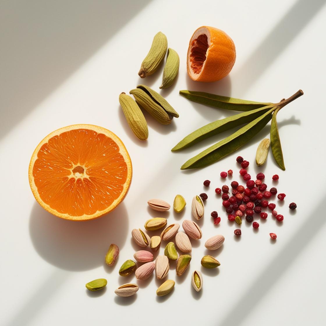 Pistacho, pimienta rosa y bergamota representando las notas olfativas del perfume.