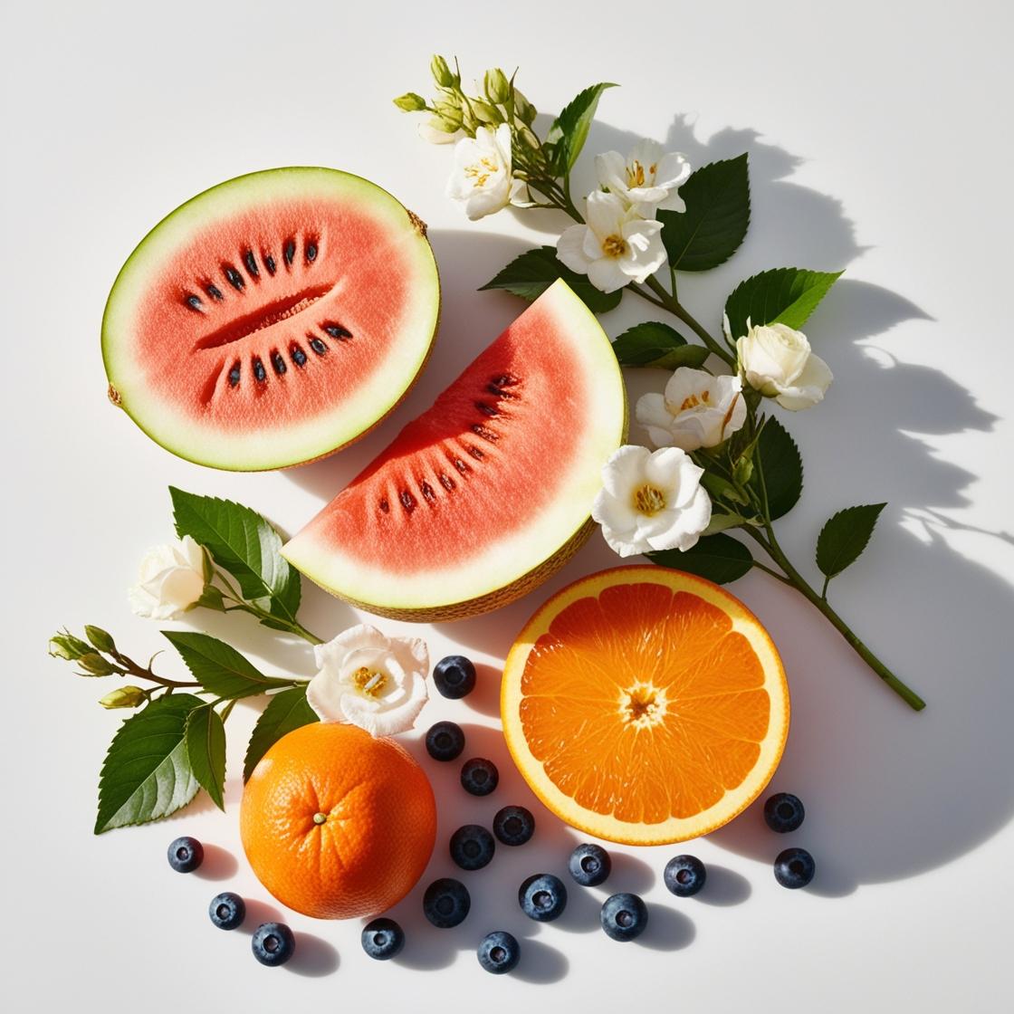 Naranja, sandía, jazmín y moras azules representando las notas olfativas del perfume.