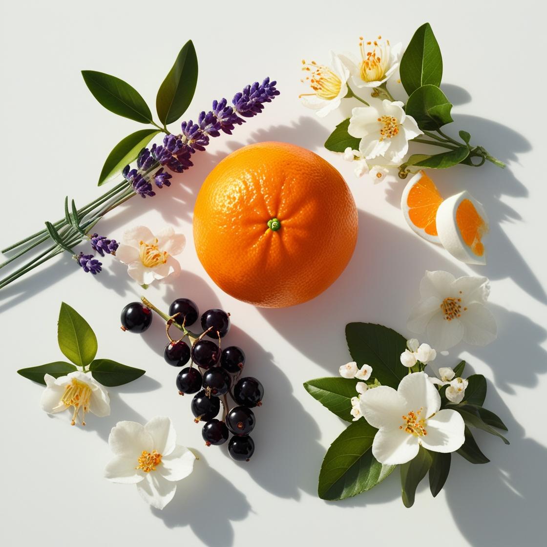 Mandarina, lavanda, jazmín y grosellas negras representando las notas olfativas del perfume.