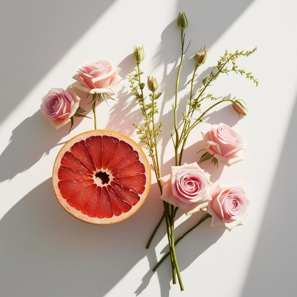 Pomelo y rosas representando las notas olfativas del perfume.