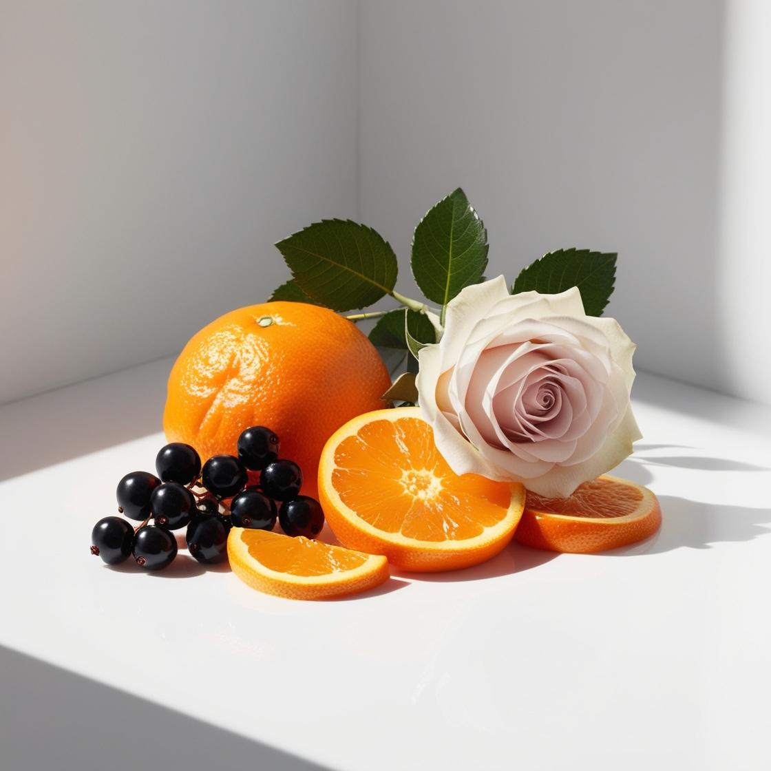 Rosa, mandarina y hojas del grosellero negro representando las notas olfativas del perfume.