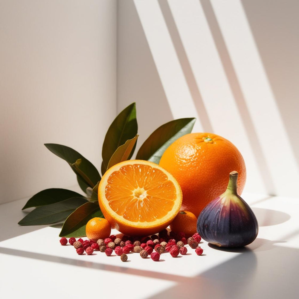 Mandarina, higo y pimienta rosa representando las notas olfativas del perfume.