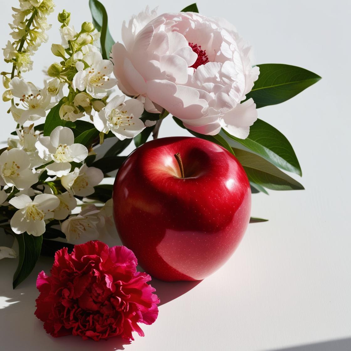 Manzana roja, clavel, jazmín y rosa representando las notas olfativas del perfume.