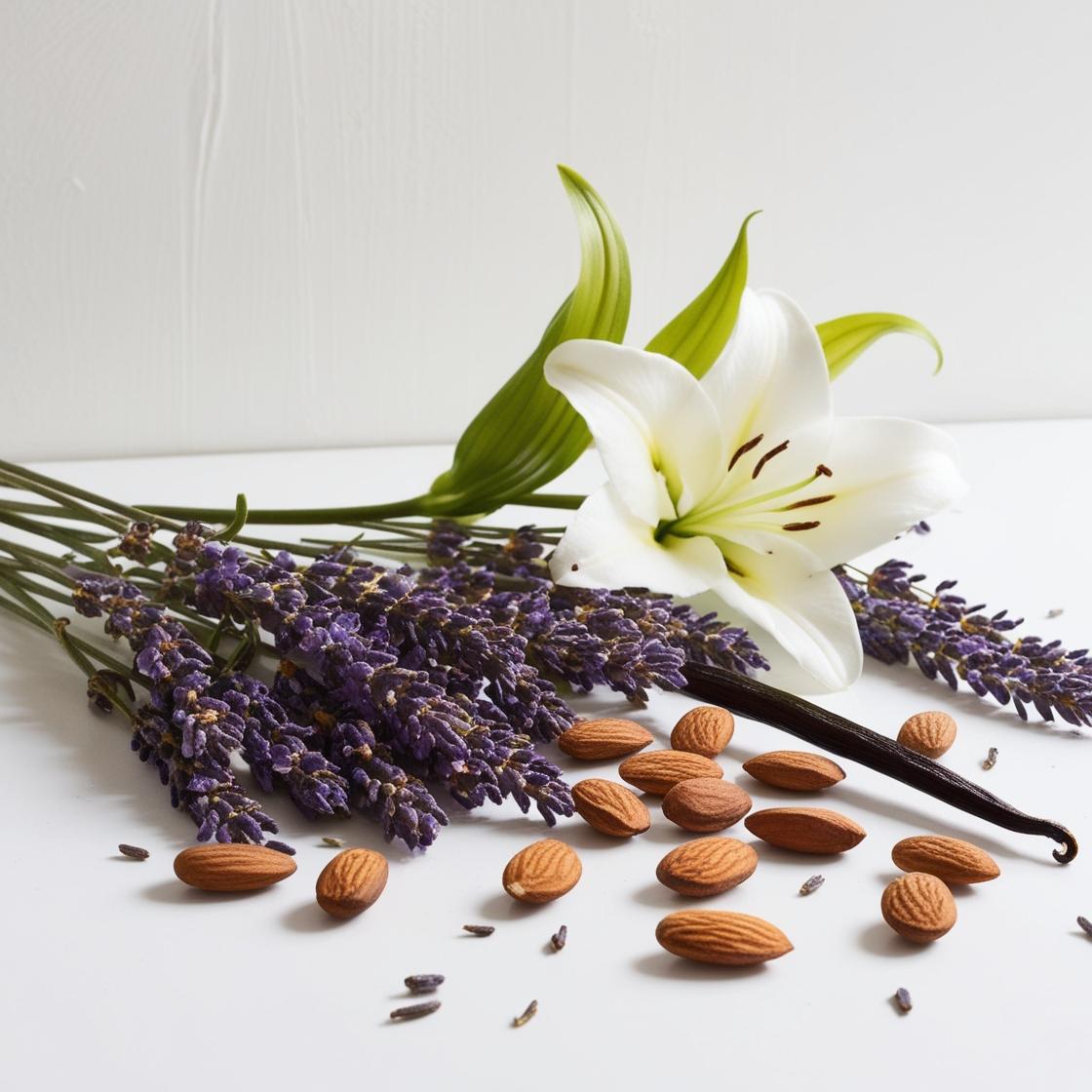 Lavanda, lirio, vainilla y almendra representando las notas olfativas del perfume.