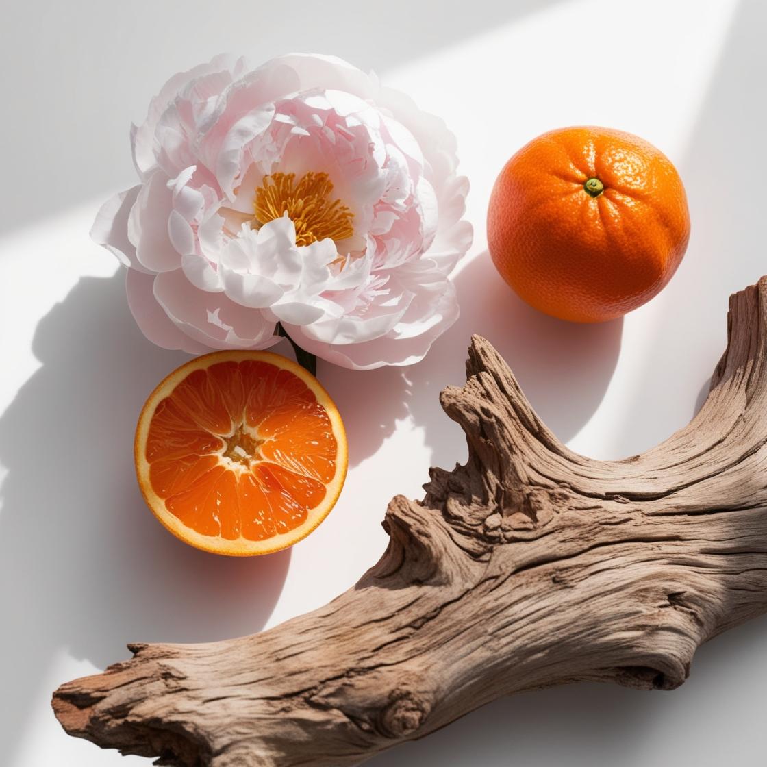 Mandarina, flor de peonia y madera representando las notas olfativas del perfume.