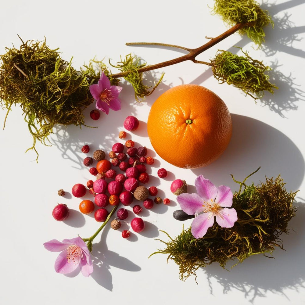 Naranja, musgo y pimienta rosa representando las notas olfativas del perfume.