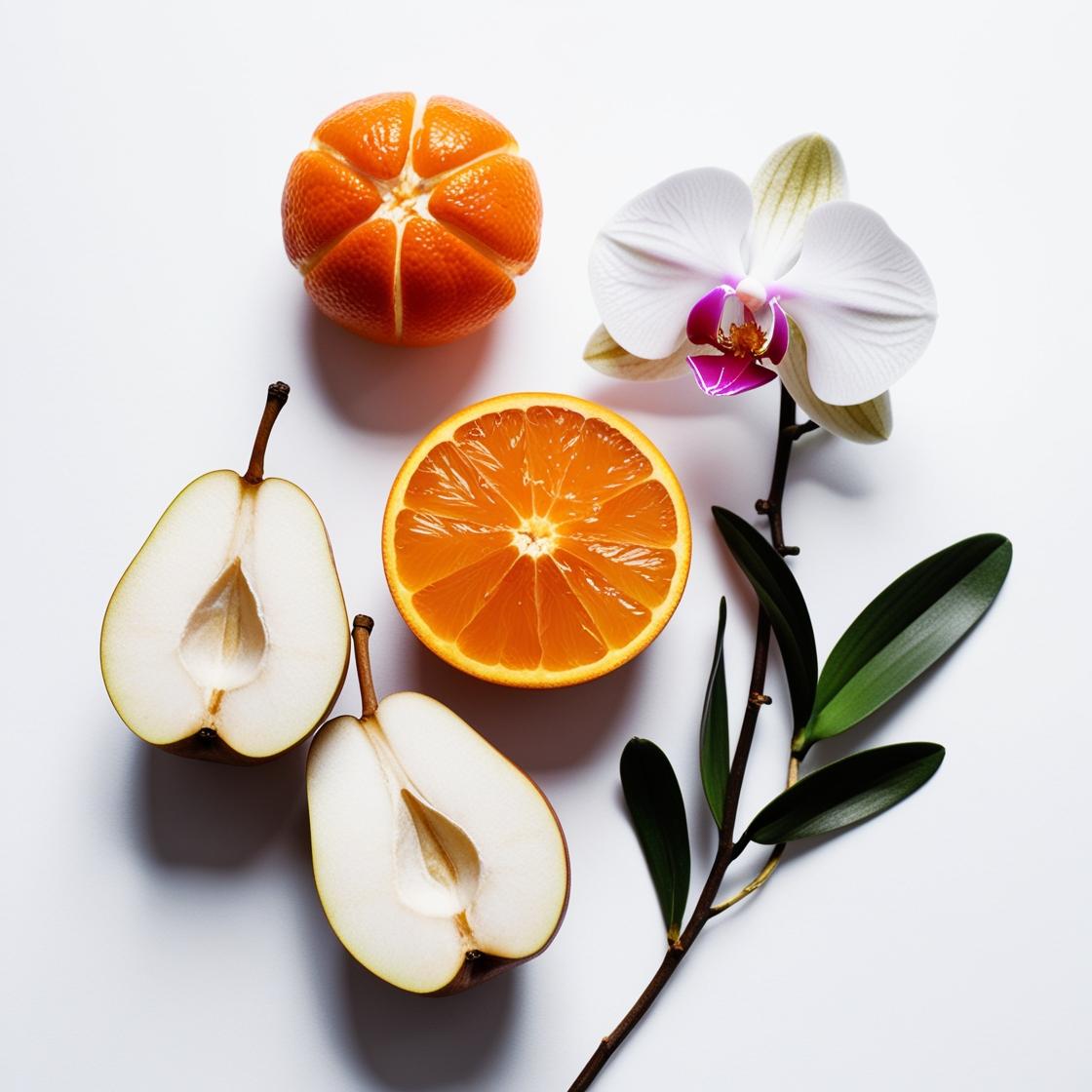 Mandarina, pera y orquídea representando las notas olfativas del perfume.