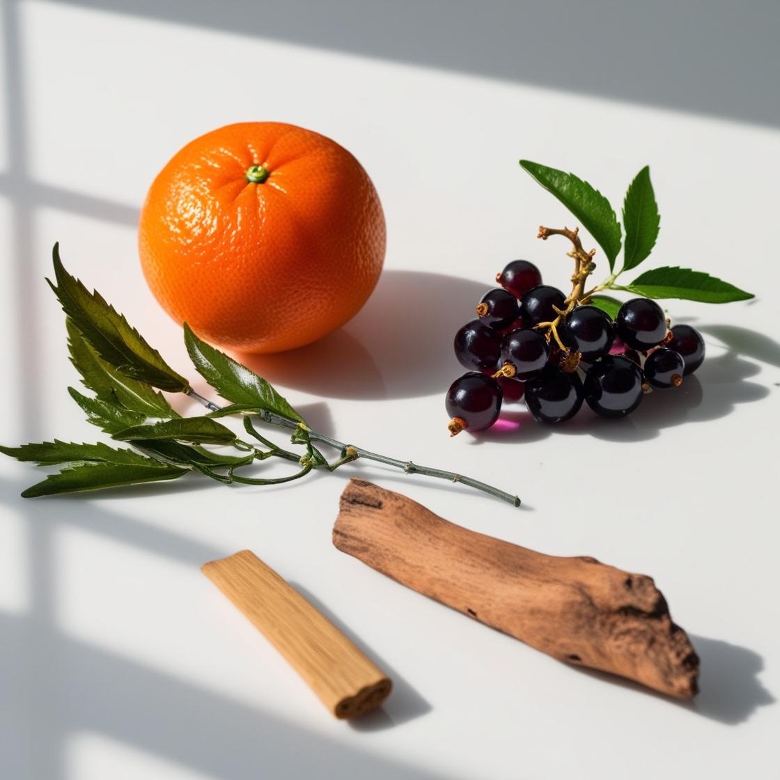 Mandarina, té verde y grosellas negras representando las notas olfativas del perfume.